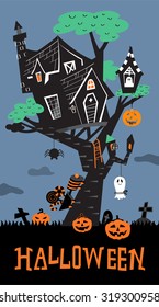 Halloween background with the haunted house on the tree and pumpkins in the bush.
Train and ghost with candies for trick or treat. Spider spinning web from the top of the frame. In black and white.