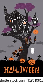 
Halloween background with the haunted house on the tree and pumpkins in the bush.
Train and ghost with candies for trick or treat. Spider spinning web from the top of the frame.
In black and white.
 