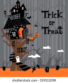 Halloween background with the haunted house on the tree and pumpkins in the bush. Trick or treat letters. Forest, cemetery and big trees on the grey
 background. Black, white and orange vector.
