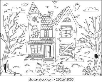 Halloween background with Haunted house outlined for coloring page