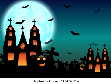 Halloween background with haunted house, pumpkin and full moon. template for Halloween 