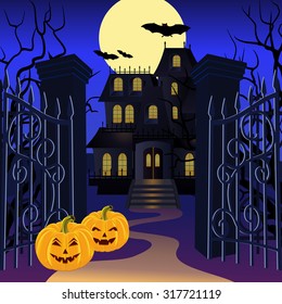 Halloween background with haunted house and pumpkin. Vector illustration