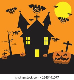 Halloween background with haunted house and pumpkins