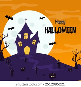 Halloween background with haunted house, pumpkins, bat, and death tree
