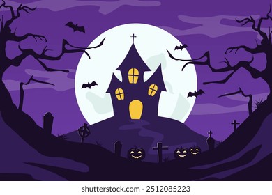 Halloween background with haunted house, pumpkins, bat, and death tree