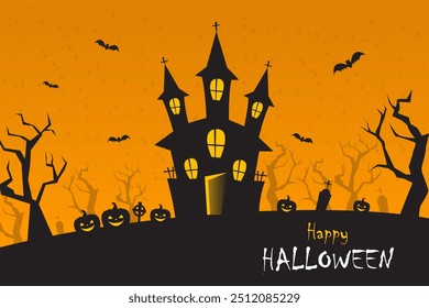 Halloween-Hintergrund mit Spukhaus, Kürbissen, Fledermaus und Totenbaum