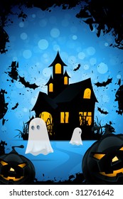 Halloween Background with Haunted House, Pumpkins, Bats and Ghosts