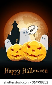 Halloween Background with Haunted House, Pumpkins, Bats and Ghosts