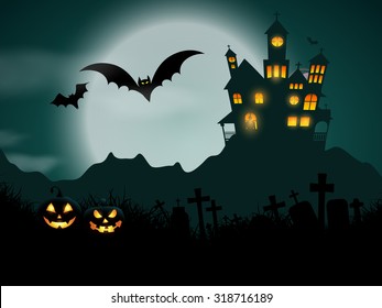 Halloween background with haunted house and pumpkins