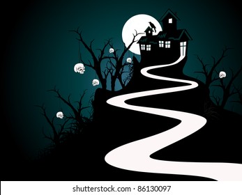 halloween background with haunted house and skulls