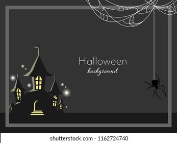 Halloween background of haunted house with a spider, cobweb and frame on dark gray background and your copy space. Vector illustration.