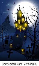 Halloween background with haunted house, tombs, forest and full moon. Blue color.