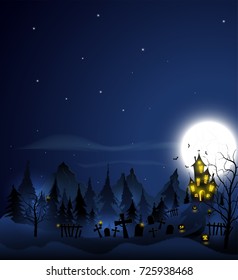 Halloween background with haunted house, tombs, forest and full moon. Blue color.