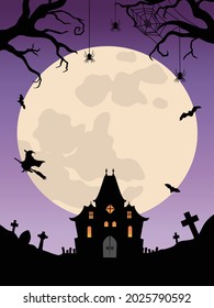 Halloween background. Haunted house, witch and full moon.