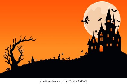 Halloween background. Haunted house, witch, bats, graves, skeletons, bones, pumpkins, moon. Vector illustration