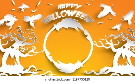 Halloween background with haunted tree, crow and broomstick in paper art carving style. banner, poster, Flyer or invitation template party. Vector illustration.