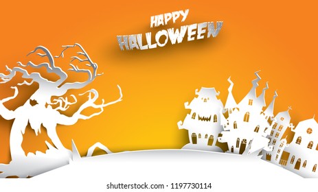 Halloween background with haunted tree and house in paper art carving style. banner, poster, Flyer or invitation template party. Vector illustration.