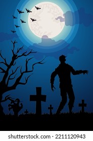 Fondo de Halloween. Zombis atormentados en un cementerio en el espeluznante cementerio con la luna y el bosque oscuro. Diseño de Halloween con espacio de copia