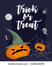 Halloween background. Helloween greeting card or poster, party sign. Concept illustration with Sign and symbol. Flat design cartoon. Traditional design