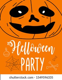 Halloween background. Helloween greeting card or poster, party sign. Concept illustration with Sign and symbol. Flat design cartoon. Traditional design