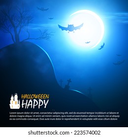 Halloween background with hill, tree & bats. Vector illustration 