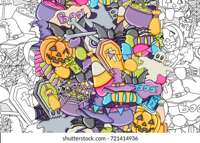 Halloween background. Holiday design elements. Template for flyer brochure banner advertisement. Outline coloring page. Vector illustration. 