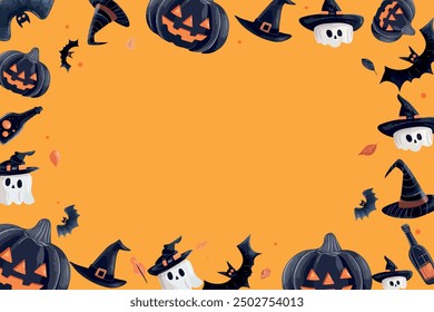 Halloween background with holiday objects and elements on an orange background. Holiday decoration, pumpkin, ghost, shlchpa, bat.