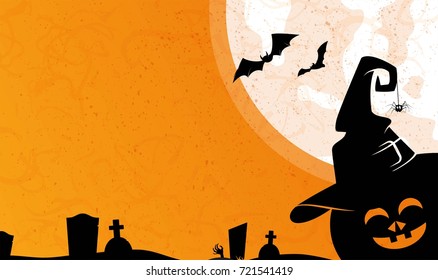 Halloween background with holiday symbols pumpkin, witch hat, zombie, spider and bat. Great for banner, voucher, offer, coupon, holiday sale.