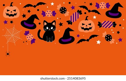 Plano de fundo de Halloween. Modelo de feriado. Banner de venda de Halloween, fundo do conceito do convite da festa. Design de férias com morcegos, aranha, teia de aranha, abóbora, gato