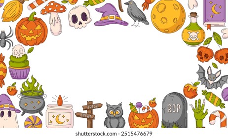 Plano de fundo de Halloween, cartaz horizontal ou banner com ícones assustadores e assustadores. Ilustração vetorial plana, quadro colorido de borda, espaço para texto no meio. Para cartão, festa, convite, feriado