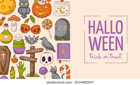 Halloween background, horizontal poster with spooky, scary icons. Flat vector illustration, colorful side border frame, space for text. Template for greeting card, party, invitation, holiday, banner