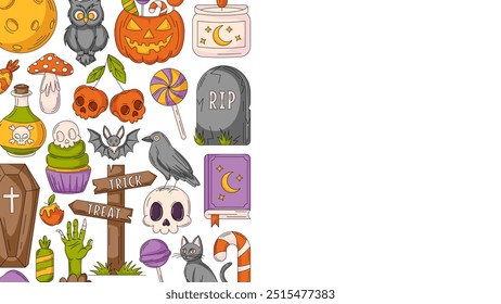 Halloween background, horizontal poster with spooky, scary elements. Flat vector illustration, colorful side border frame, space for text. Template for greeting card, party, invitation, banner