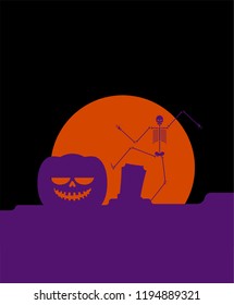 Halloween background horror. Cemetery and moon. Pumpkin and zombies. Skeletons. Scary Holiday Backdrop Vector Illustration
