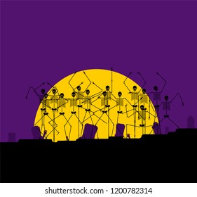 Halloween background horror. Cemetery and moon. Pumpkin and zombies. Skeletons. Scary Holiday Backdrop Vector Illustration
