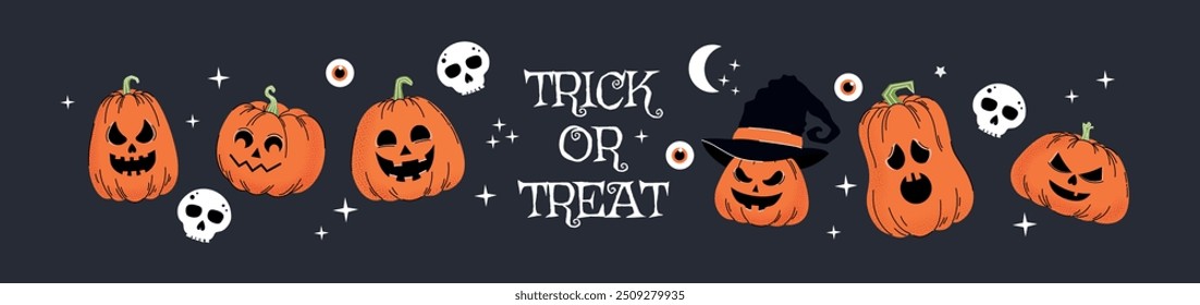 Halloween background. Horror elements. Collection. Hand drawn shapes. Trendy doodle. Ghost. Autumn. October 31. Saints' Day. Stickers and icons. Jack o lantern. pumpkin. Party. Template design. Spooky