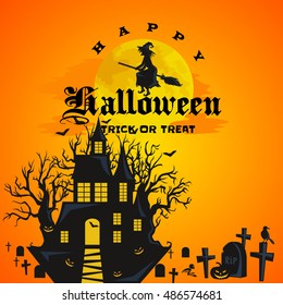 Halloween background. Horror forest with woods, spooky tree, pumpkins and cemetery.