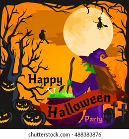 Halloween background. Horror forest with woods, spooky tree, pumpkins and cemetery.