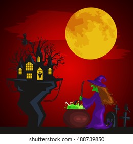 Halloween background. Horror forest with woods, spooky tree, pumpkins and cemetery.