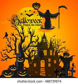 Halloween background. Horror forest with woods, spooky tree, pumpkins and cemetery.