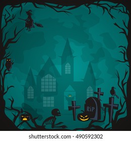 Halloween background. Horror forest with woods, spooky tree, pumpkins and cemetery.