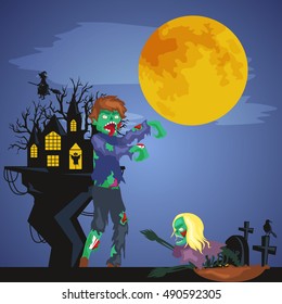Halloween background. Horror forest with woods, spooky tree, pumpkins and cemetery.