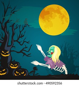 Halloween background. Horror forest with woods, spooky tree, pumpkins and cemetery.