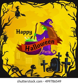 Halloween background. Horror forest with woods, spooky tree, pumpkins and cemetery.