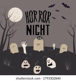 Halloween background. Horror night. Dark night scenery, tombstones, crosses, zombie hands coming out of the ground,  full moon, pumpkins.