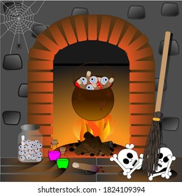 Halloween background with hot fingers and eyes in old witch's cauldron on fire. Vector illustration