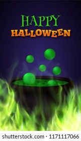 Halloween background with hot green potion in old witch's cauldron on fire. Vector illustration