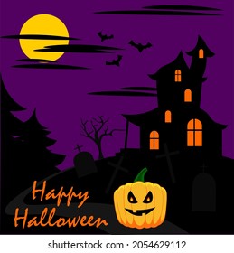 Halloween background with house, bats, pumpkin, graveyard and full moon