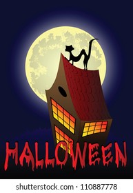 Halloween background with house, cat and the moon, vector illustration