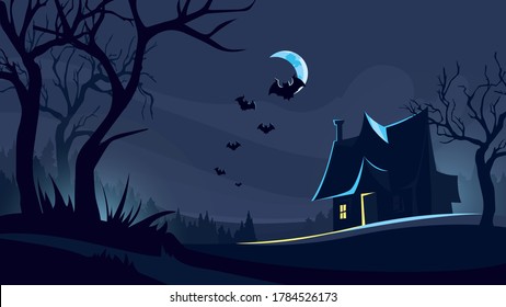 Halloween background with house in dark forest. Scary night scene.