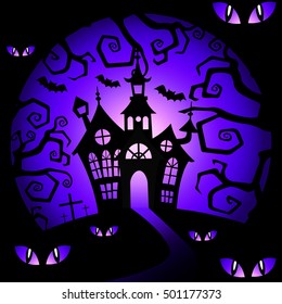 Halloween background with house and eye. Halloween vector purple background. Home, tree and eye.